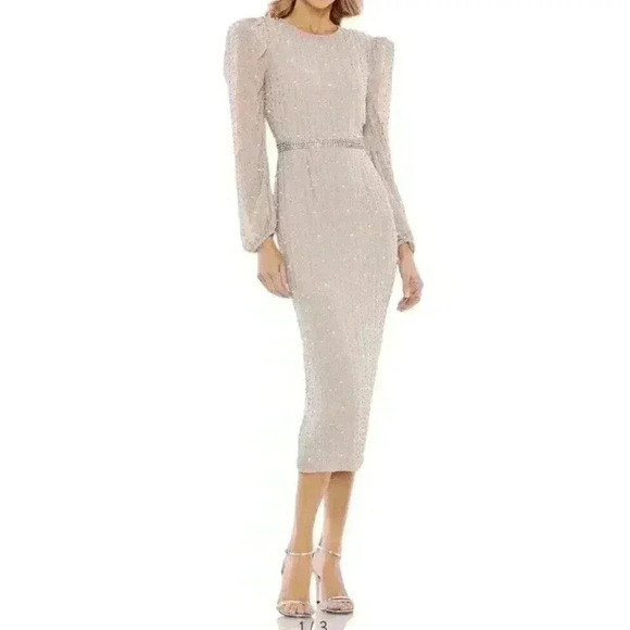 Mac Duggal Midi Dress Size 16 XL Vintage Lilac Mocha Stripe Long Sleeve Sparkle - Picture 1 of 11